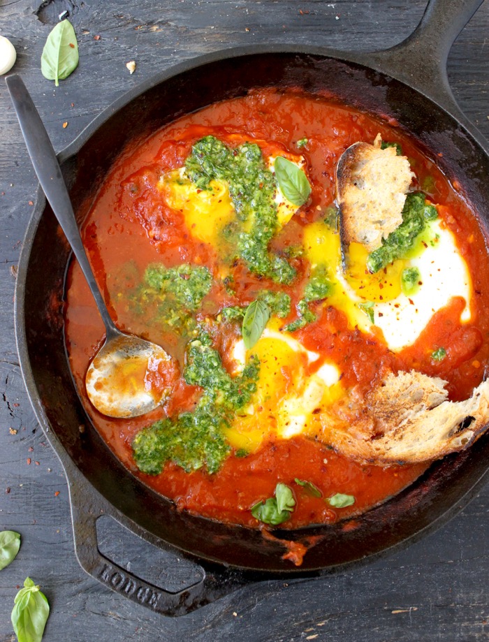 Skillet of Eggs in Hell in Arrabiata Sauce with Bruschetta Skillet of Eggs in Hell in Arrabiata Sauce with Bruschetta