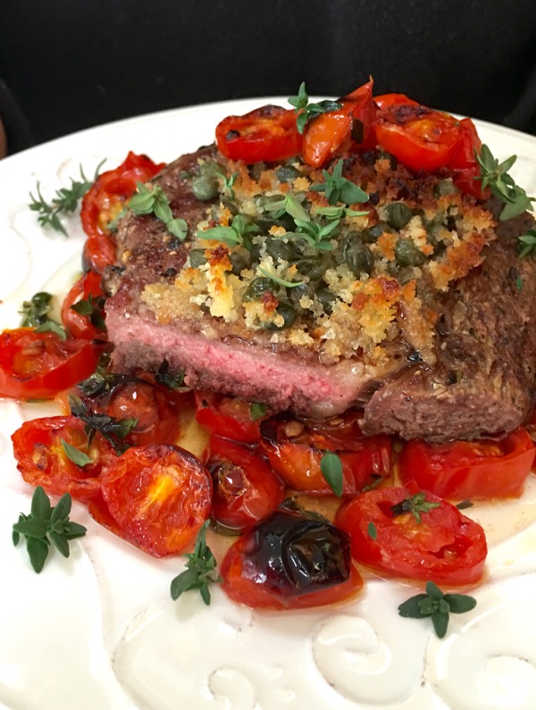 Palermo Style Italian Steak on a Bed of Roasted Cherry Tomatoes Palermo Style Italian Steak on a Bed of Roasted Cherry Tomatoes