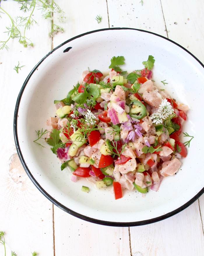 Mexican Ceviche de Pescado in a White Bowl Mexican Ceviche de Pescado in a White Bowl