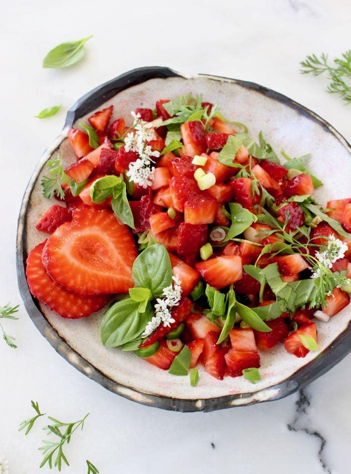 Strawberry Salsa with Fresh Basil in Rustic Bowl Strawberry Salsa with Fresh Basil in Rustic Bowl