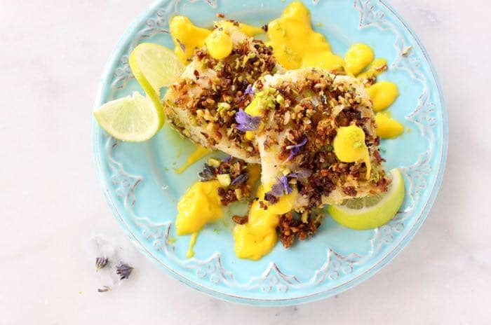 Blue Plate with Baked Pistachio Crusted Fish and Mango Sauce Blue Plate with Baked Pistachio Crusted Fish and Mango Sauce