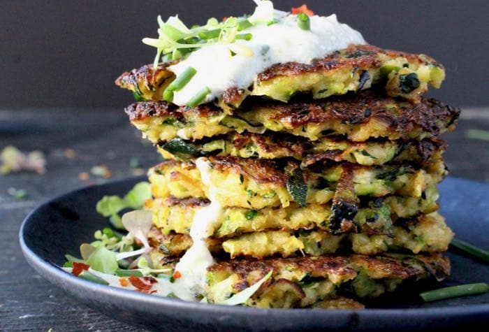 Stacked Zucchini Patties with Tzaziki Sauce Stacked Zucchini Patties with Tzaziki Sauce