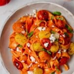 heirloom tomato sauce with pasta and cherry tomatoes